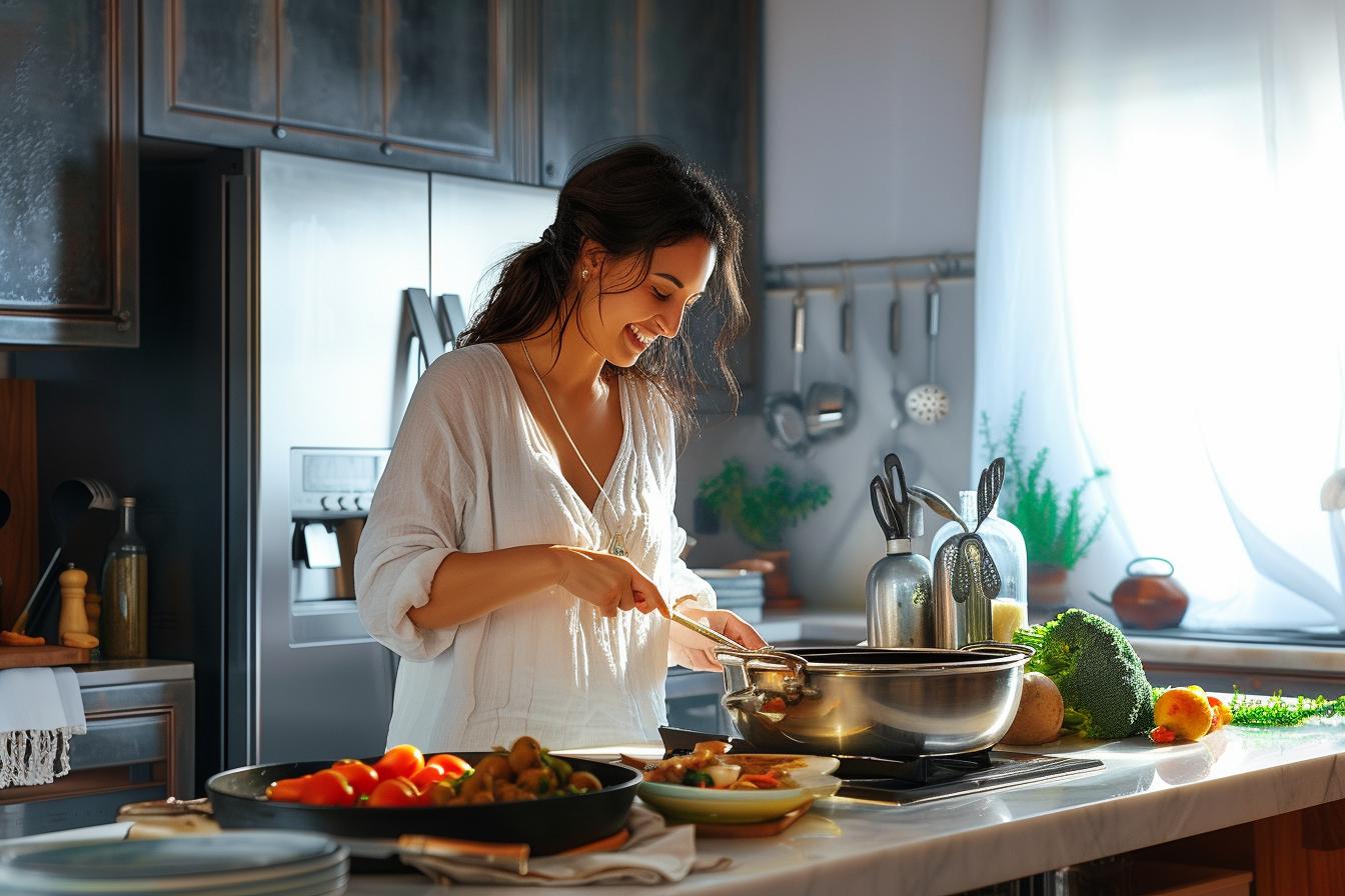 woman smiling while cooking